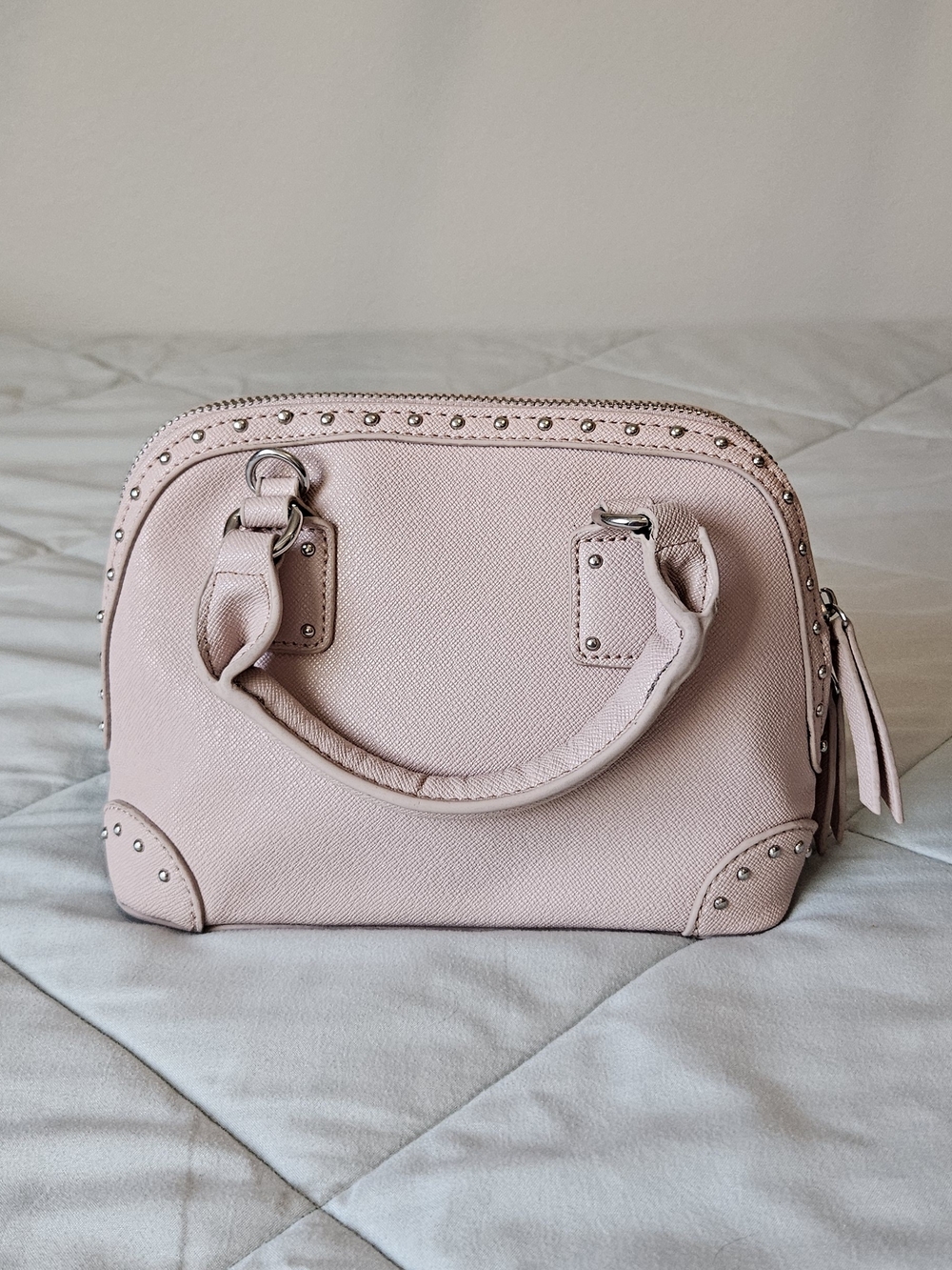 Expressions Pale Pink Leather-Trim Polka Dot Tote